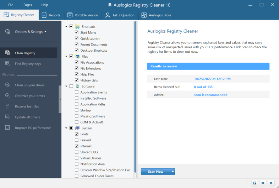 Auslogics Registry Cleaner interface with scanning options