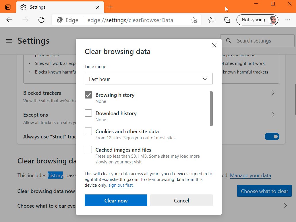 Browser settings displaying options to clear browsing data