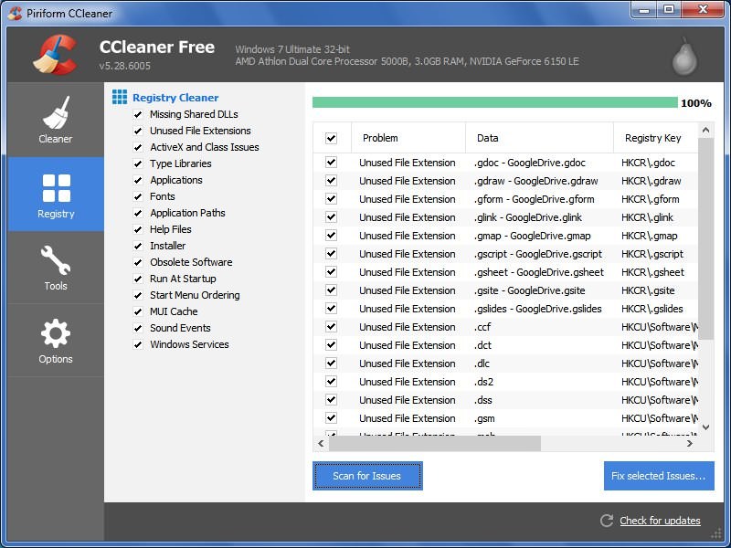 CCleaner interface with registry cleaning option