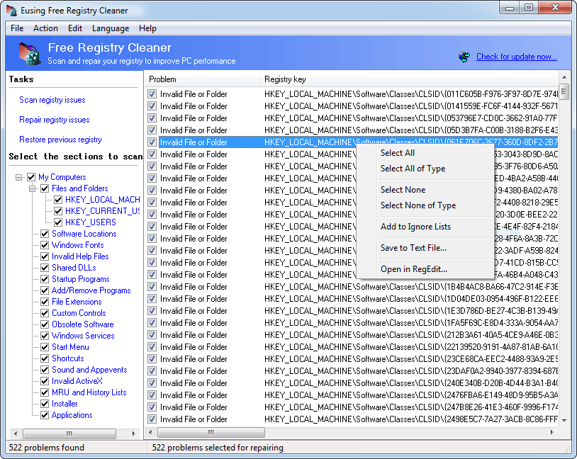 Eusing Free Registry Cleaner interface with scanning and cleaning options