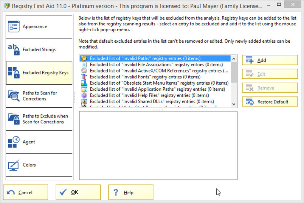 Registry First Aid interface with scanning and repair options