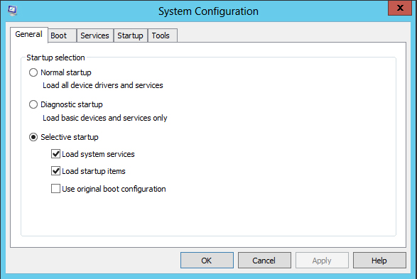System Configuration utility with Selective Startup option checked