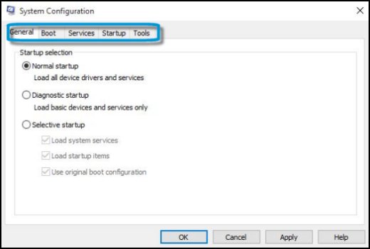 System Configuration utility with the General tab highlighted