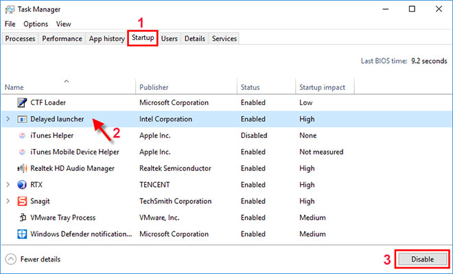 Task Manager's Startup tab displaying enabled and disabled startup programs