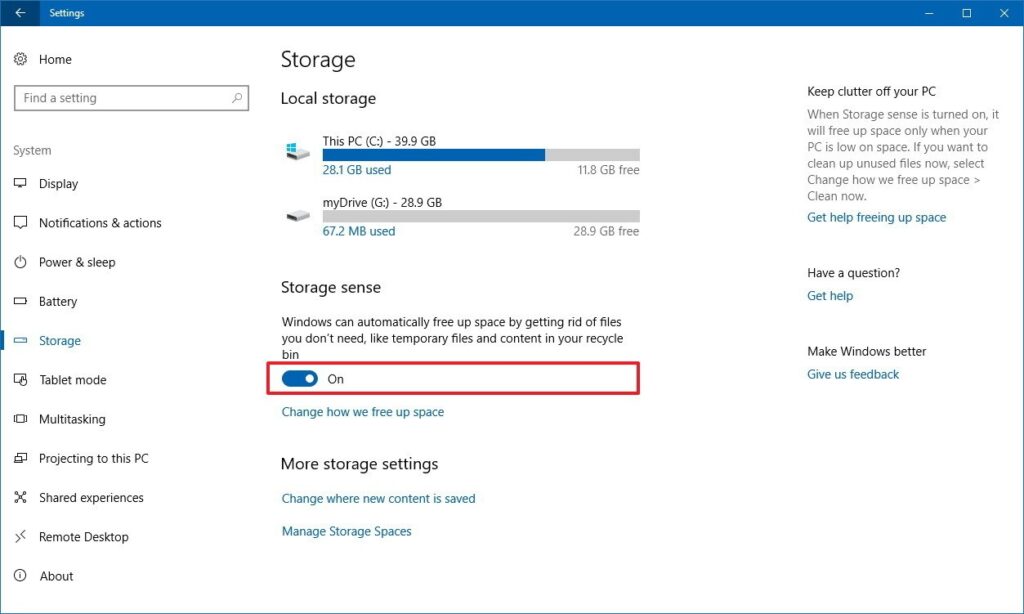 Windows Storage Sense settings for automatic cleanup