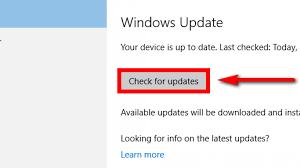 Windows Update screen with Check for updates