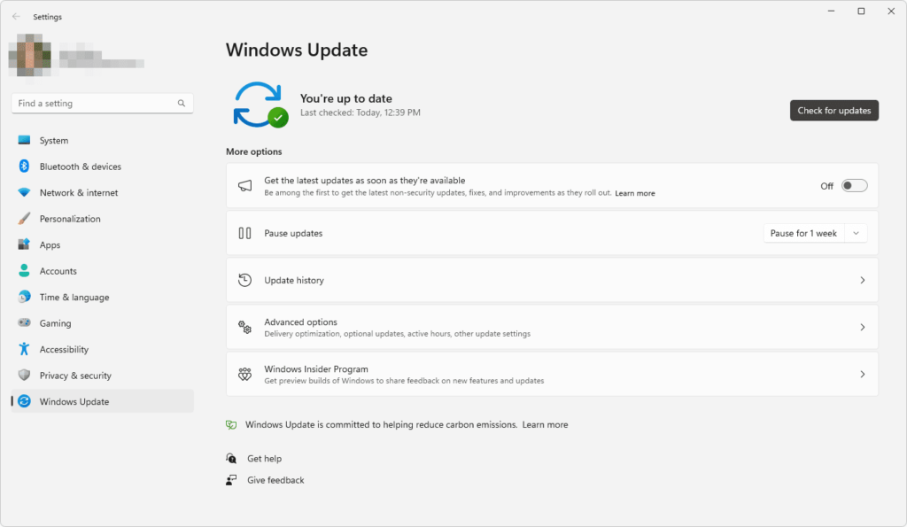 Windows Update settings for checking and installing updates