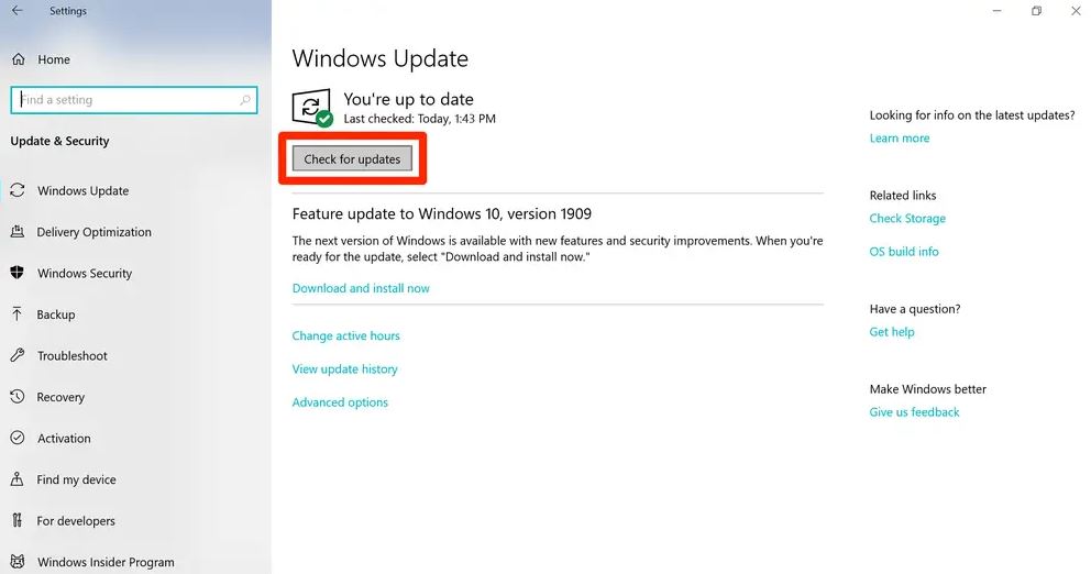 Windows Update settings for checking and installing updates