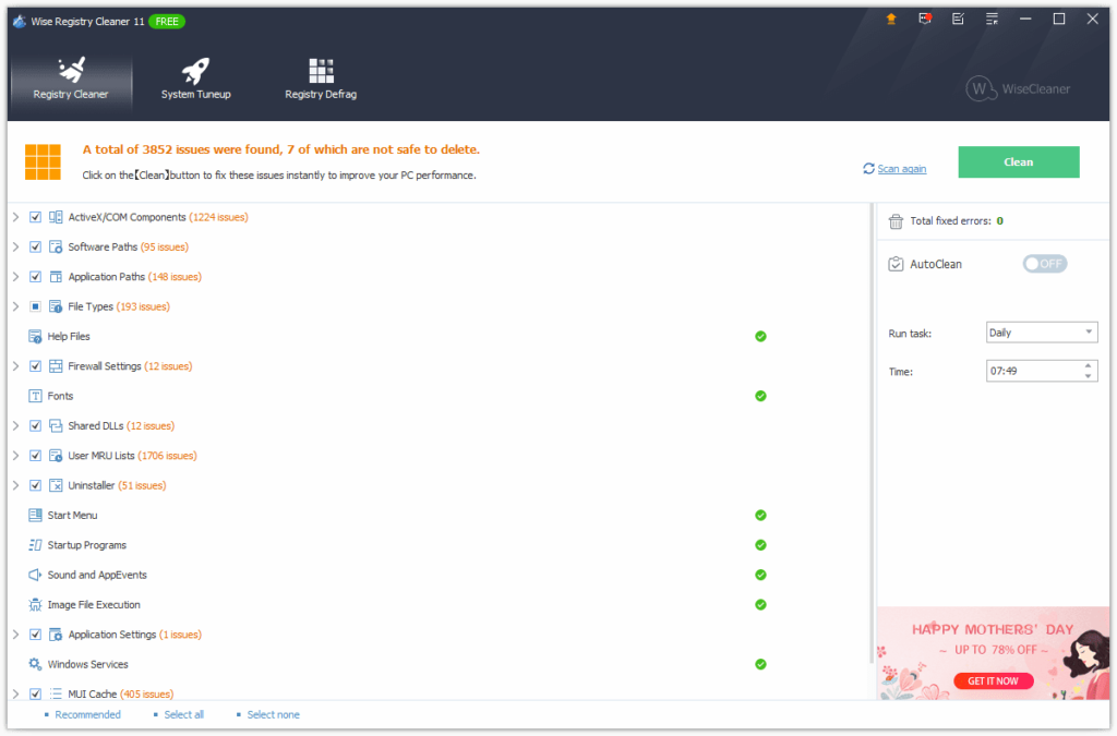 Wise Registry Cleaner interface with scan and clean options